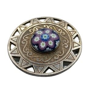 Silver Brooch Millefiori Art Glass Caithness Signed CJ Pin Jewelry Vintage